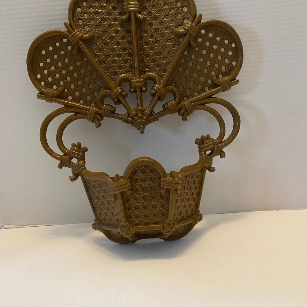 Vintage 1981 Burwood Faux Wicker Rattan Hanging Wall Pocket Planter MCM USA